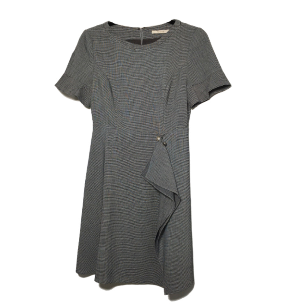 Kenneth Lady Gray Black Patterned Short Sleeve Dress w Waist Accent